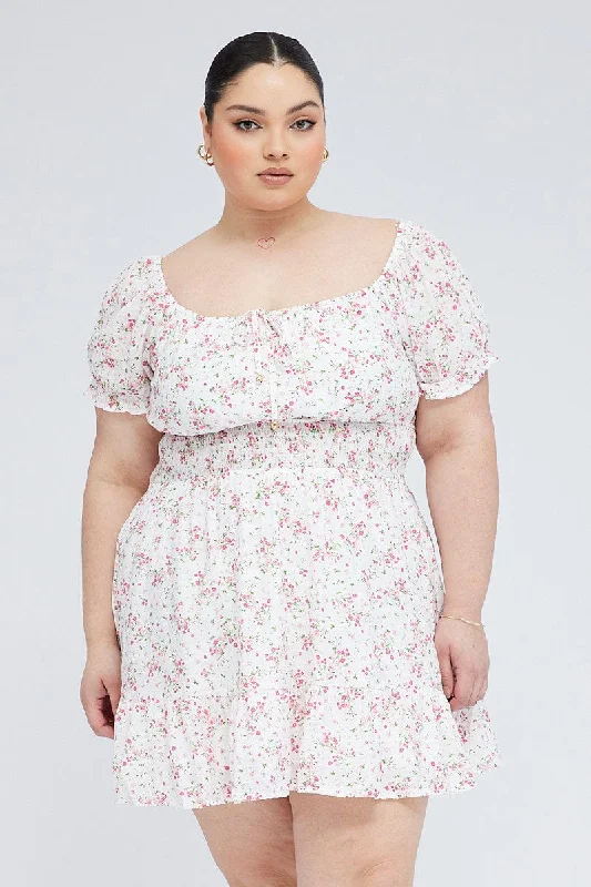 White Floral Fit And Flare Dress Short Sleeve