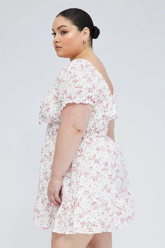 White Floral Fit And Flare Dress Short Sleeve