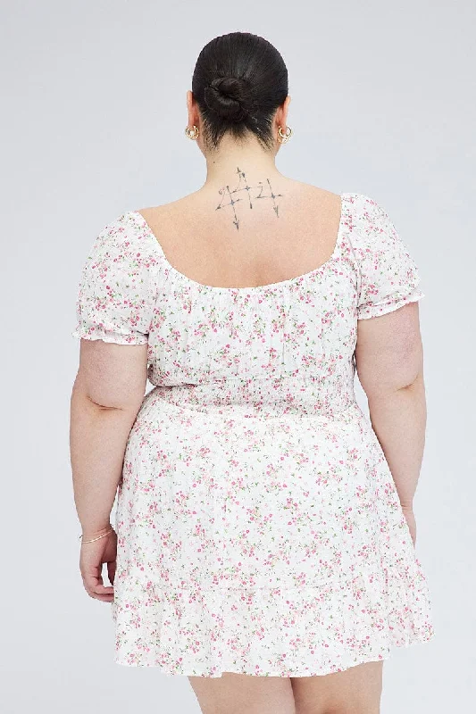 White Floral Fit And Flare Dress Short Sleeve