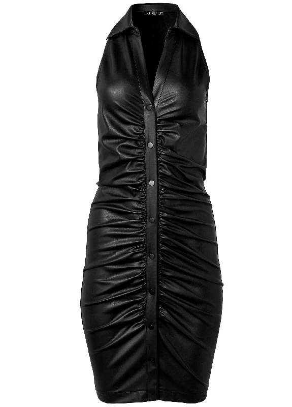 Collared faux-leather bodycon dress  - Black