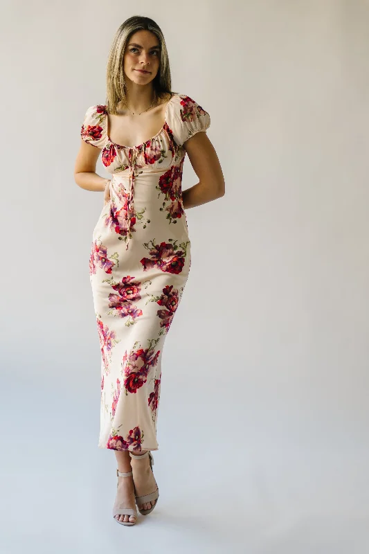 The Rodessa Satin Floral Dress in Cream