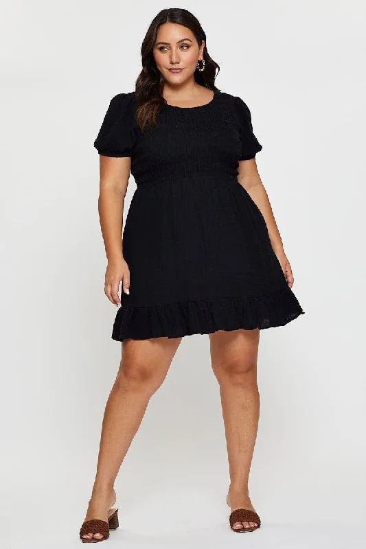 Black Skater Dress Scoop Neck Short Sleeve Ruffle