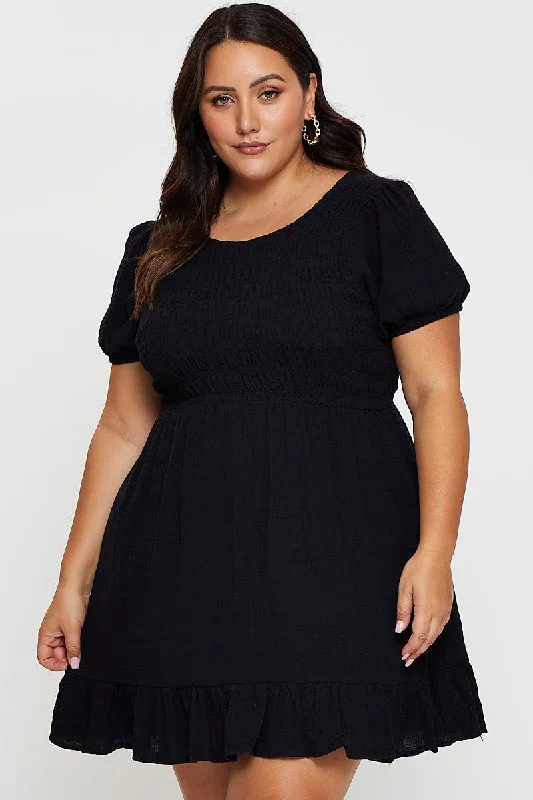 Black Skater Dress Scoop Neck Short Sleeve Ruffle