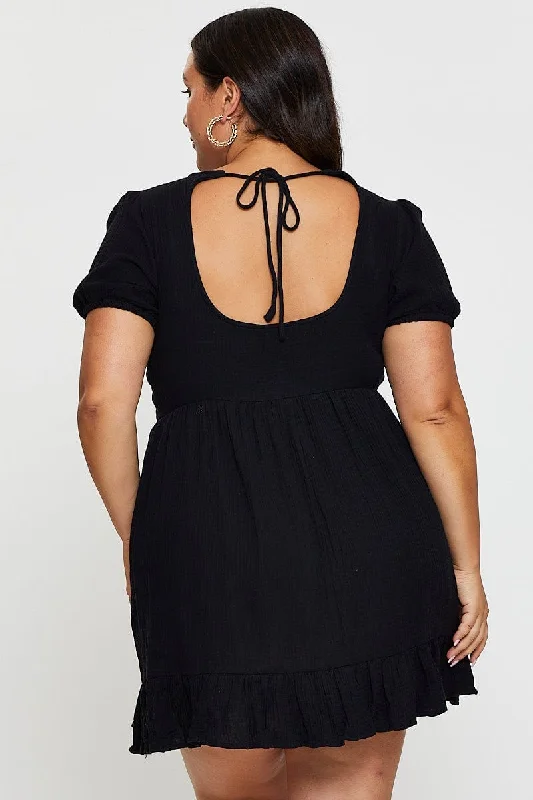 Black Skater Dress Scoop Neck Short Sleeve Ruffle