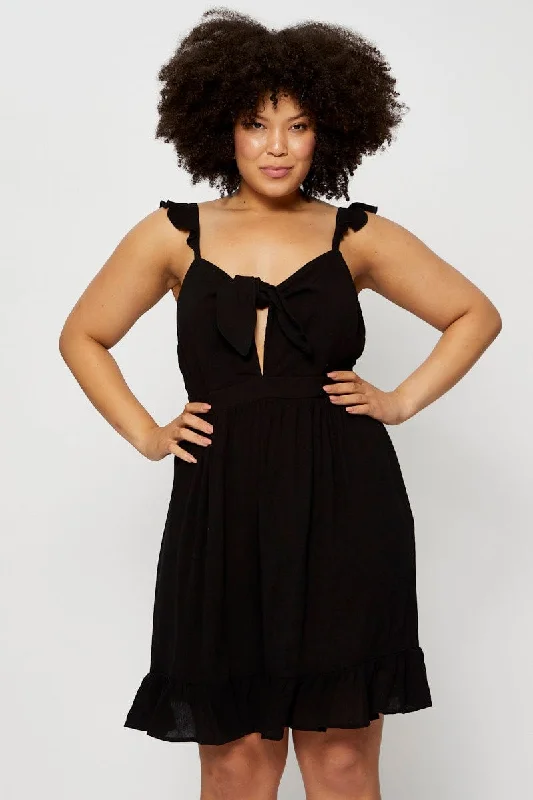 Black Skater Dress V-neck Sleeveless Tie Front