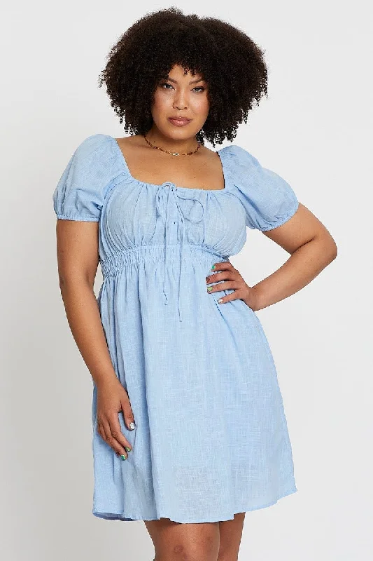 Blue Short Capped Sleeve Mini Dress