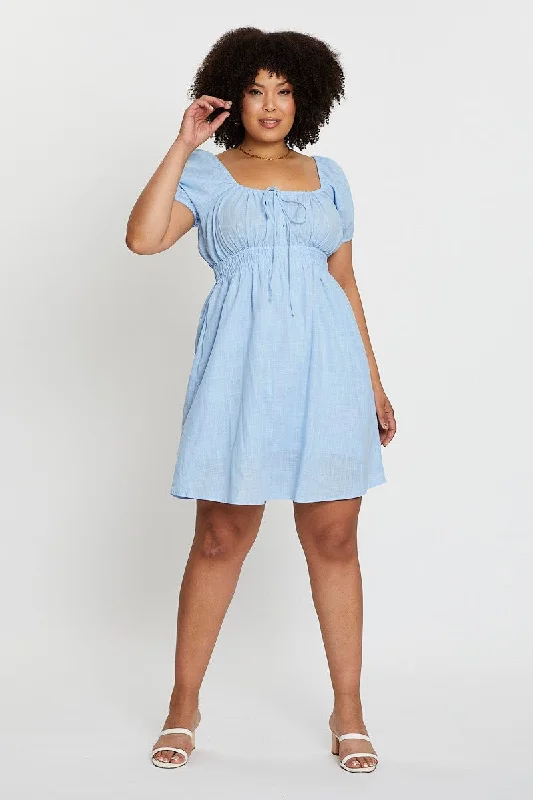 Blue Short Capped Sleeve Mini Dress