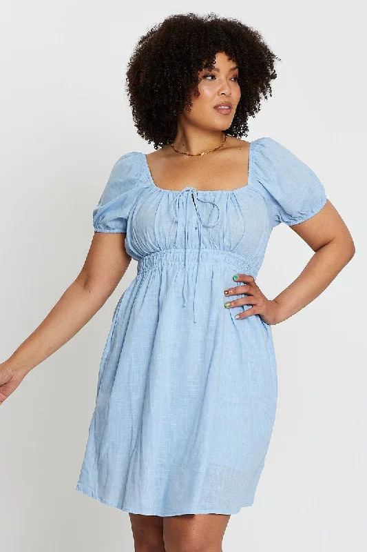 Blue Short Capped Sleeve Mini Dress