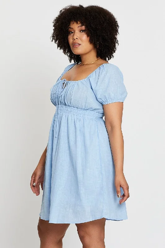 Blue Short Capped Sleeve Mini Dress