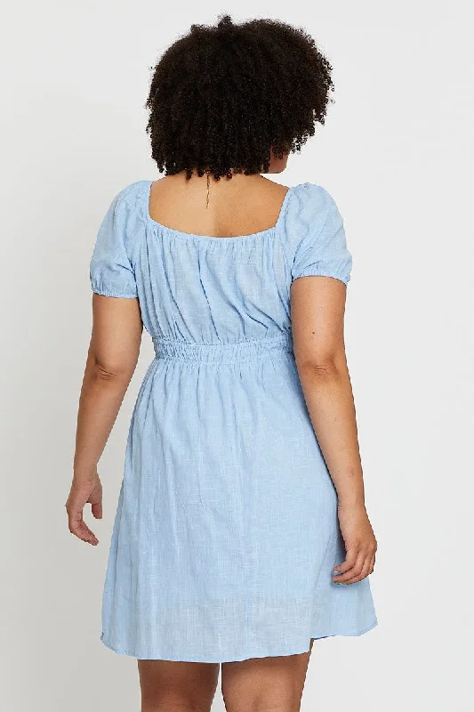 Blue Short Capped Sleeve Mini Dress