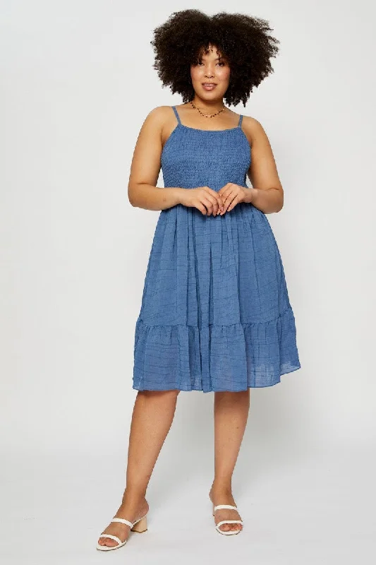 Blue Skater Dress Square Neck Sleeveless Tie