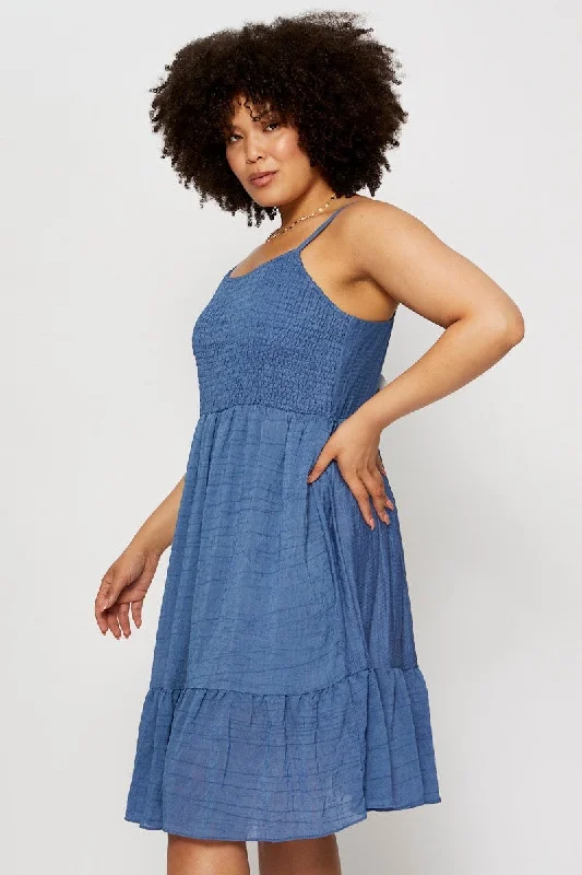 Blue Skater Dress Square Neck Sleeveless Tie