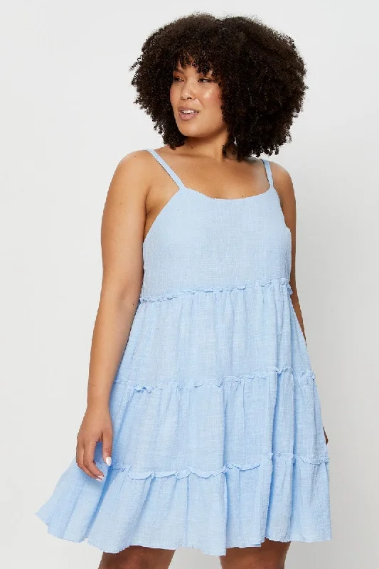 Blue Skater Dress V-neck Sleeveless Ruffle Hem