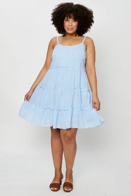 Blue Skater Dress V-neck Sleeveless Ruffle Hem