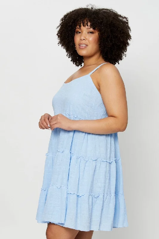 Blue Skater Dress V-neck Sleeveless Ruffle Hem