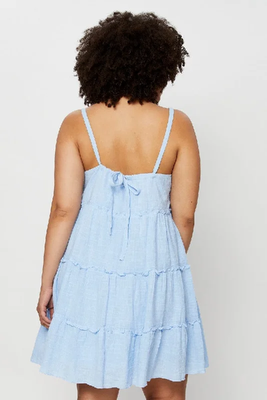 Blue Skater Dress V-neck Sleeveless Ruffle Hem