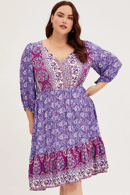 Boho Print Skater Dress V-neck Long Sleeve