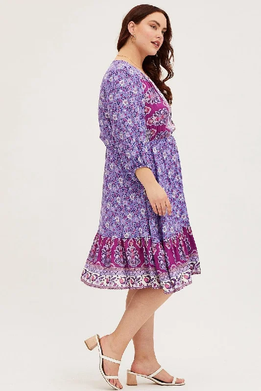 Boho Print Skater Dress V-neck Long Sleeve