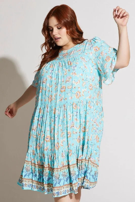 Boho Print Smock Dress Round Neck Short Sleeve