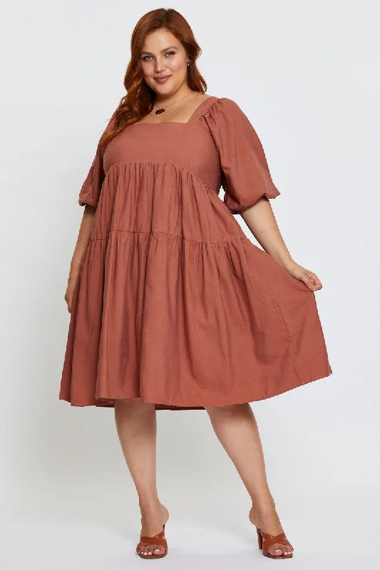 Brown Skater Dress Clay Square Neck Short Sleeve