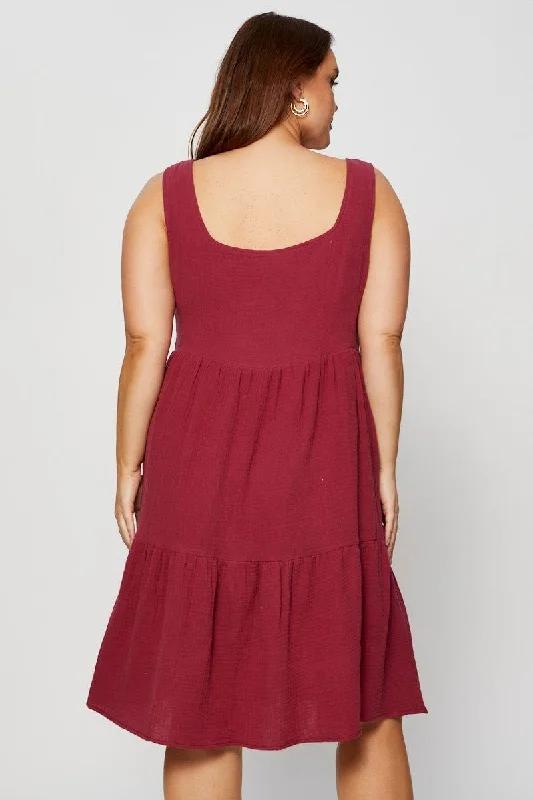 Brown Skater Dress Square Neck Sleeveless Ruffle Hem