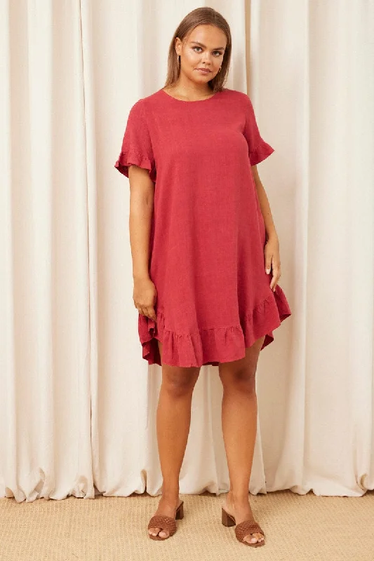 Brown Smock Dress Round Neck Short Sleeve Ruffle Hem