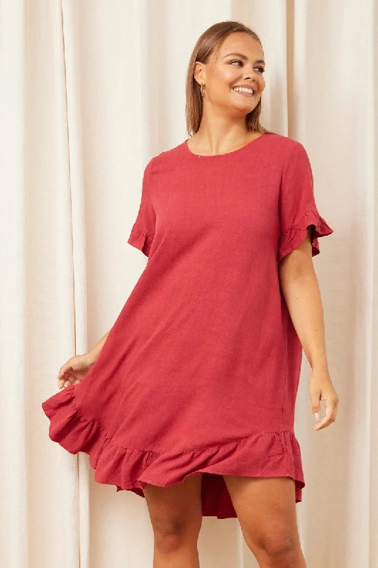 Brown Smock Dress Round Neck Short Sleeve Ruffle Hem