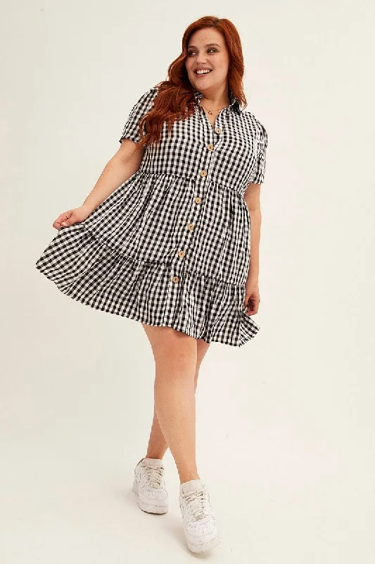 Check Short Sleeve Black And White Check Shirt Dress