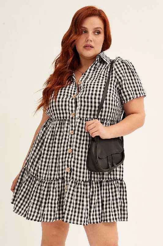 Check Short Sleeve Black And White Check Shirt Dress