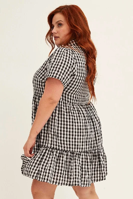 Check Short Sleeve Black And White Check Shirt Dress