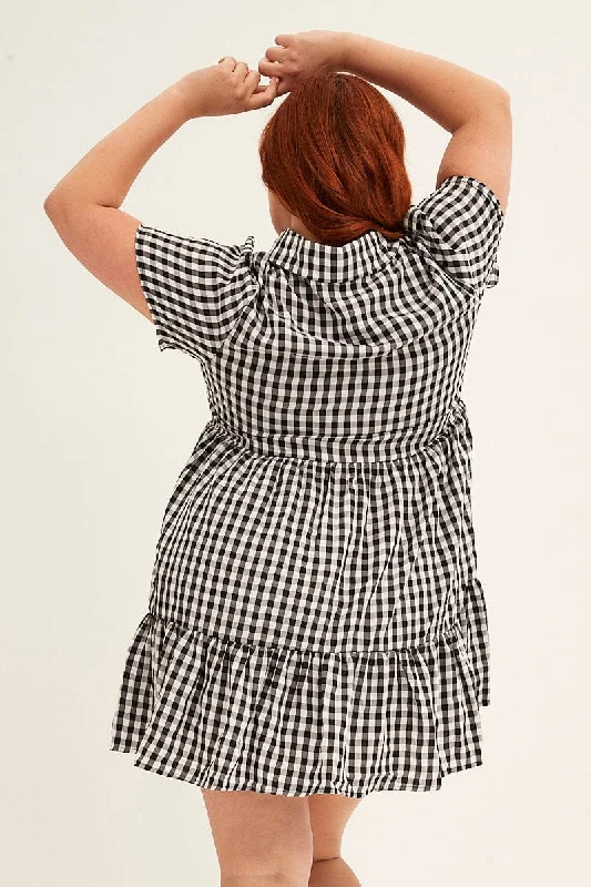 Check Short Sleeve Black And White Check Shirt Dress