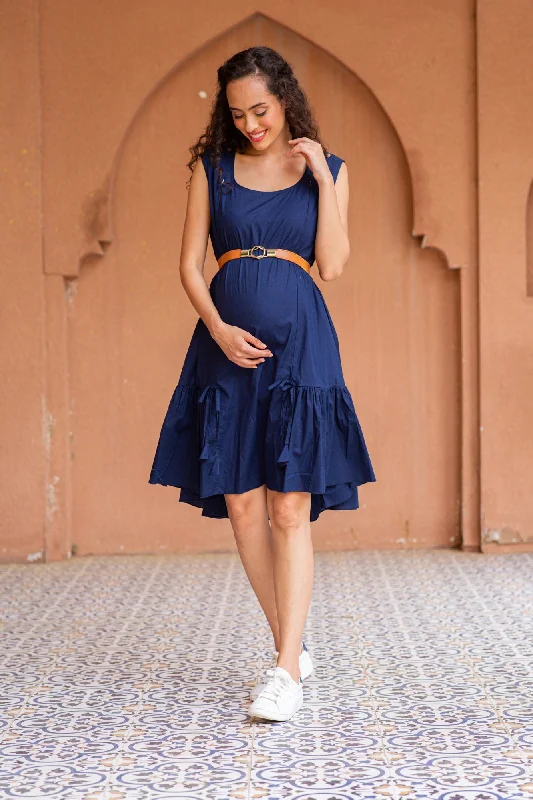 Classic Navy Blue Sleeveless Maternity & Nursing Frill Dress (100% Cotton)