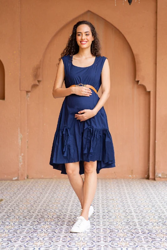 Classic Navy Blue Sleeveless Maternity & Nursing Frill Dress (100% Cotton)