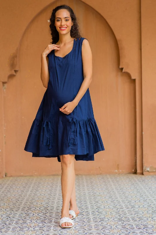 Classic Navy Blue Sleeveless Maternity & Nursing Frill Dress (100% Cotton)