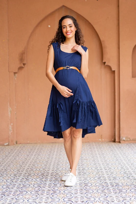 Classic Navy Blue Sleeveless Maternity & Nursing Frill Dress (100% Cotton)