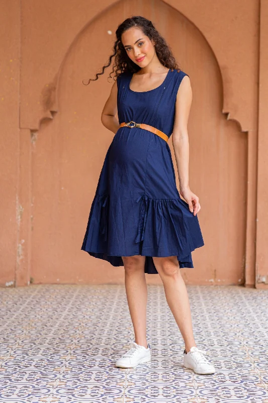 Classic Navy Blue Sleeveless Maternity & Nursing Frill Dress (100% Cotton)