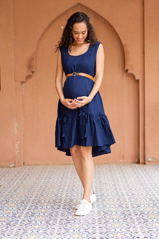 Classic Navy Blue Sleeveless Maternity & Nursing Frill Dress (100% Cotton)