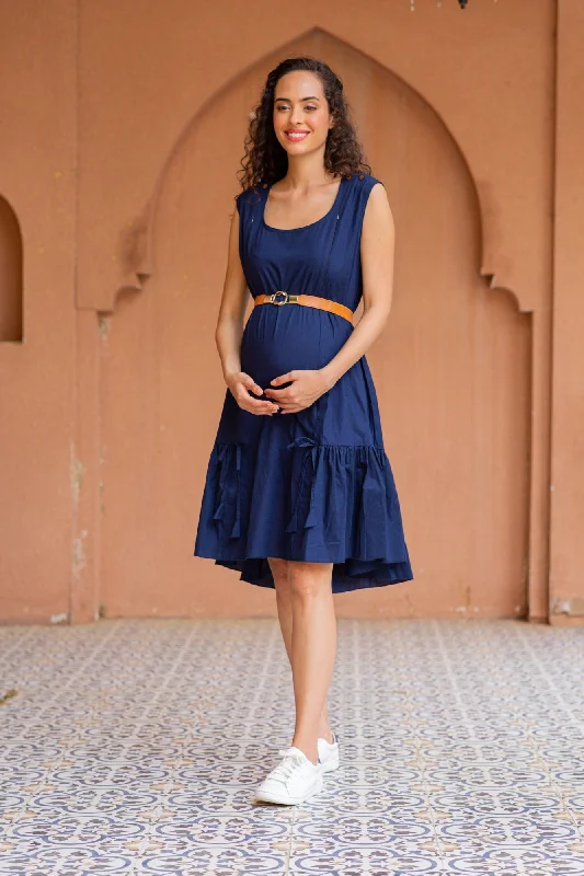 Classic Navy Blue Sleeveless Maternity & Nursing Frill Dress (100% Cotton)