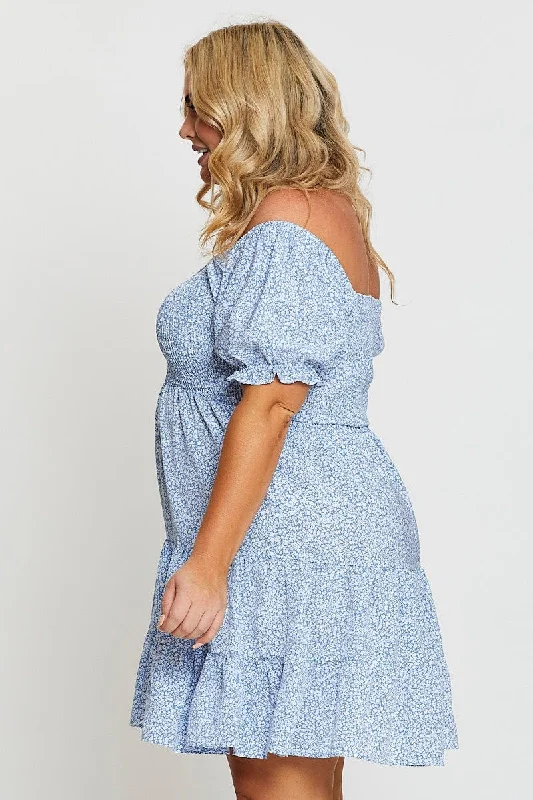 Ditsy Print Maxi Dress Square Neck Short Sleeve