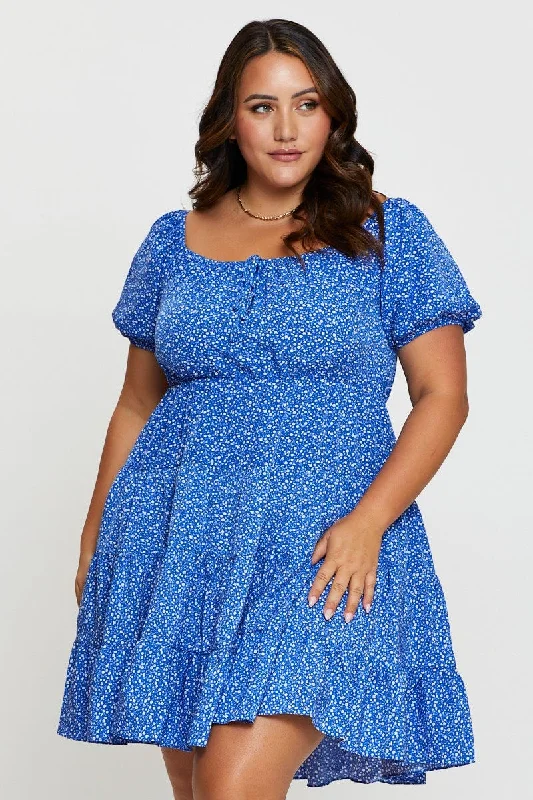 Ditsy Print Skater Dress Scoop Neck Short Sleeve