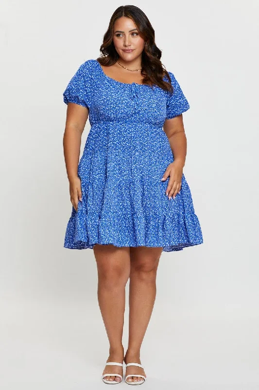 Ditsy Print Skater Dress Scoop Neck Short Sleeve