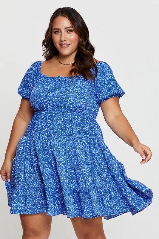 Ditsy Print Skater Dress Scoop Neck Short Sleeve