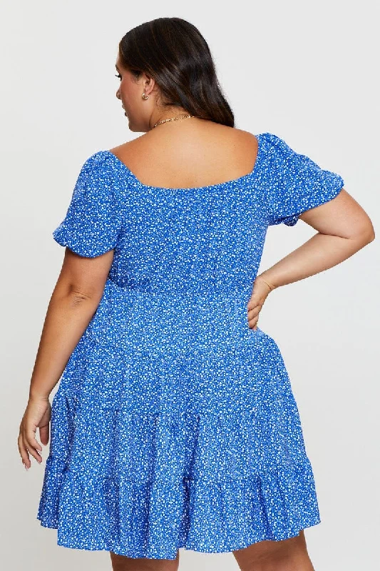 Ditsy Print Skater Dress Scoop Neck Short Sleeve