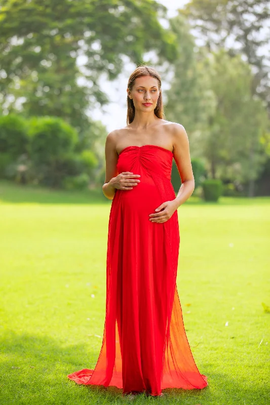 Luxe Cherry Red Off-Shoulder Trail Maternity Photoshoot Gown