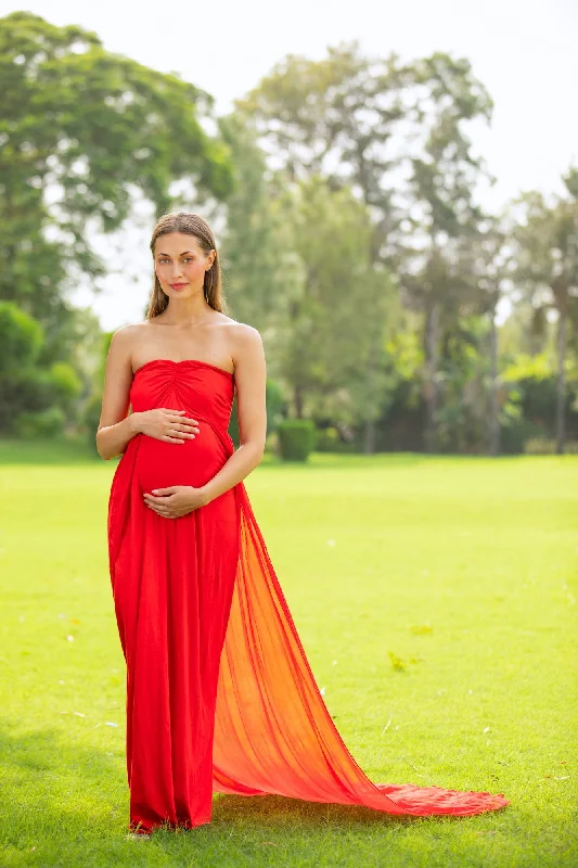 Luxe Cherry Red Off-Shoulder Trail Maternity Photoshoot Gown