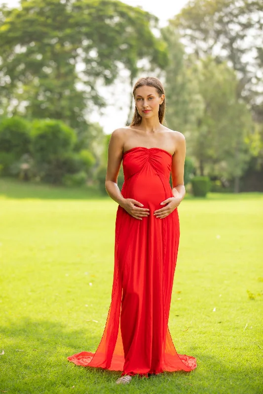 Luxe Cherry Red Off-Shoulder Trail Maternity Photoshoot Gown