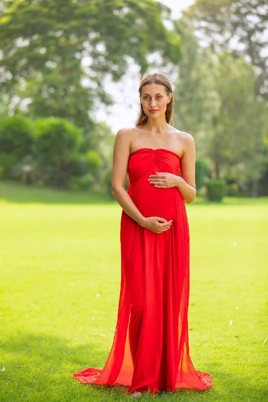 Luxe Cherry Red Off-Shoulder Trail Maternity Photoshoot Gown