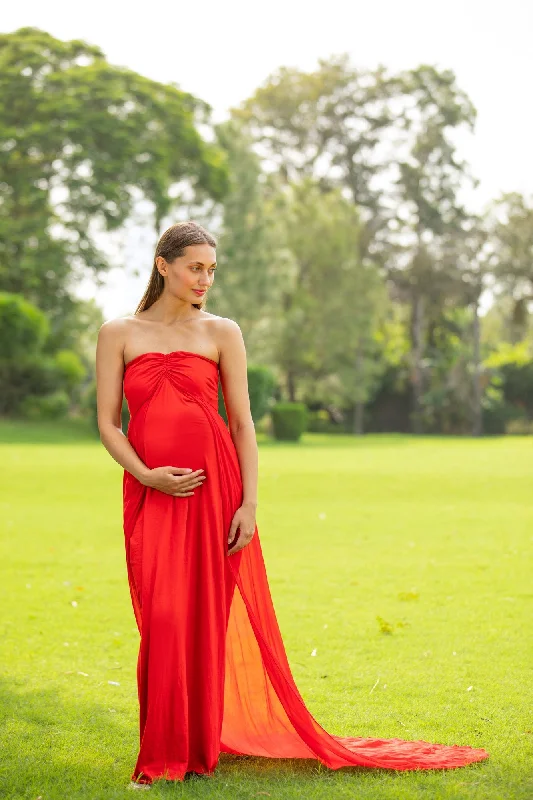 Luxe Cherry Red Off-Shoulder Trail Maternity Photoshoot Gown