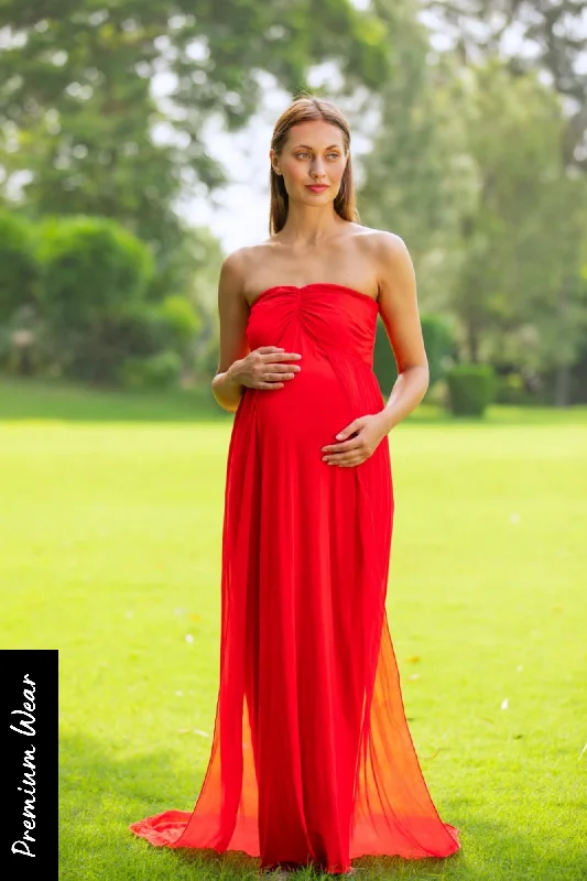 Luxe Cherry Red Off-Shoulder Trail Maternity Photoshoot Gown