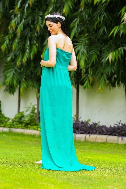 Exclusive Teal Off-Shoulder Long Trail Maternity Photoshoot Gown